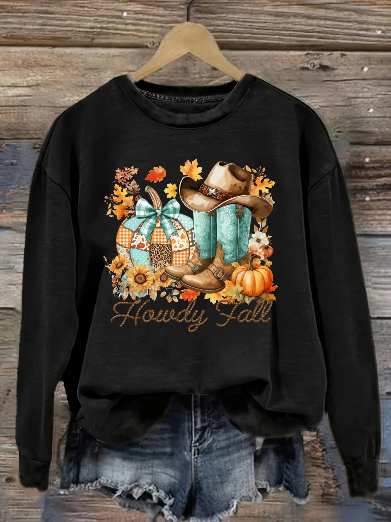 Women's Casual Long Sleeve Crew Neck T-Shirt Howdy Fall Cowboy Boots Pumpkins Design, Round Neck Women's Clothing, Machine Washable, Slightly Elastic, Loose Fit, Spring Autumn Winter Women's T-Shirt, Halloween Costume Outfit