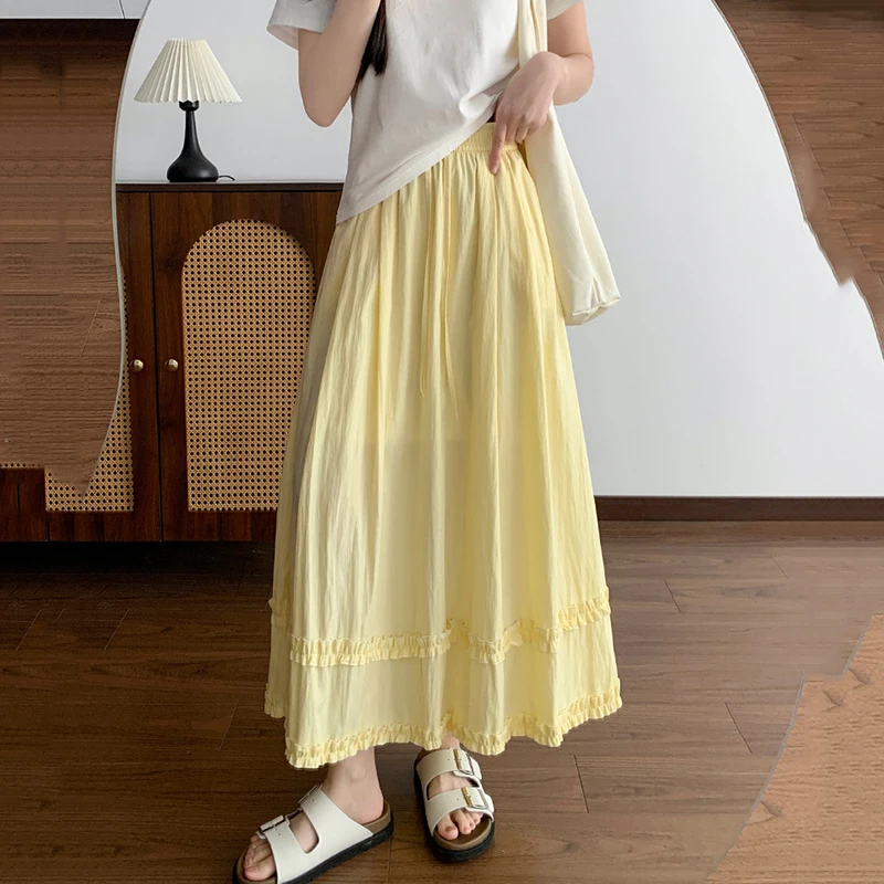 Summer Solid Color Ruffles Long Skirts Women Comfortable Elastic Waist Sweet Skirt Woman 2026 Korean Ice Silk A Line Midi Skirts