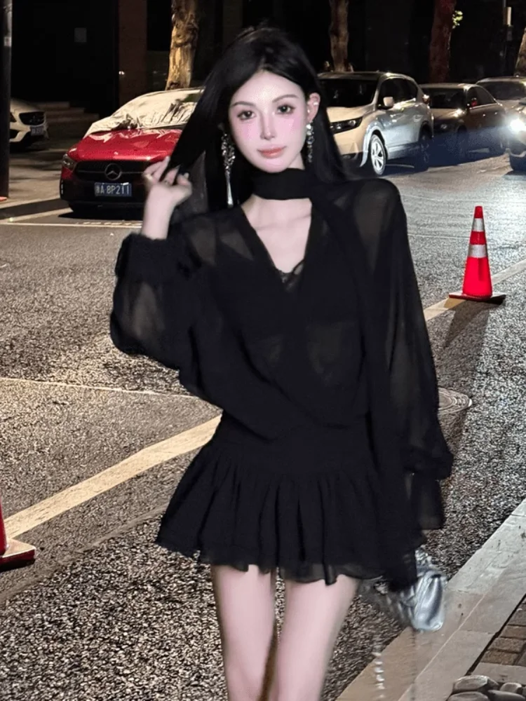 

Pure Desire Sexy V-Neck Sash Long Sleeve Dress Women Early Autumn New Waist Cinch Slim Small A-Line Short Skirt