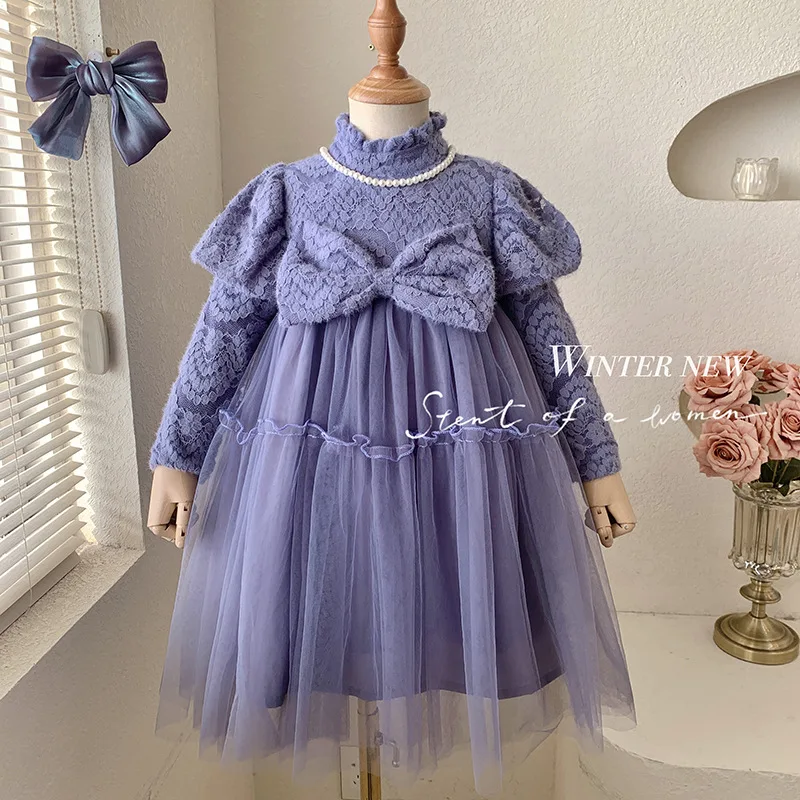 

Children's Clothing2025Spring New Girls' Fashion Patchwork Mesh Princess Dress Stylish Puff Sleeve Gown