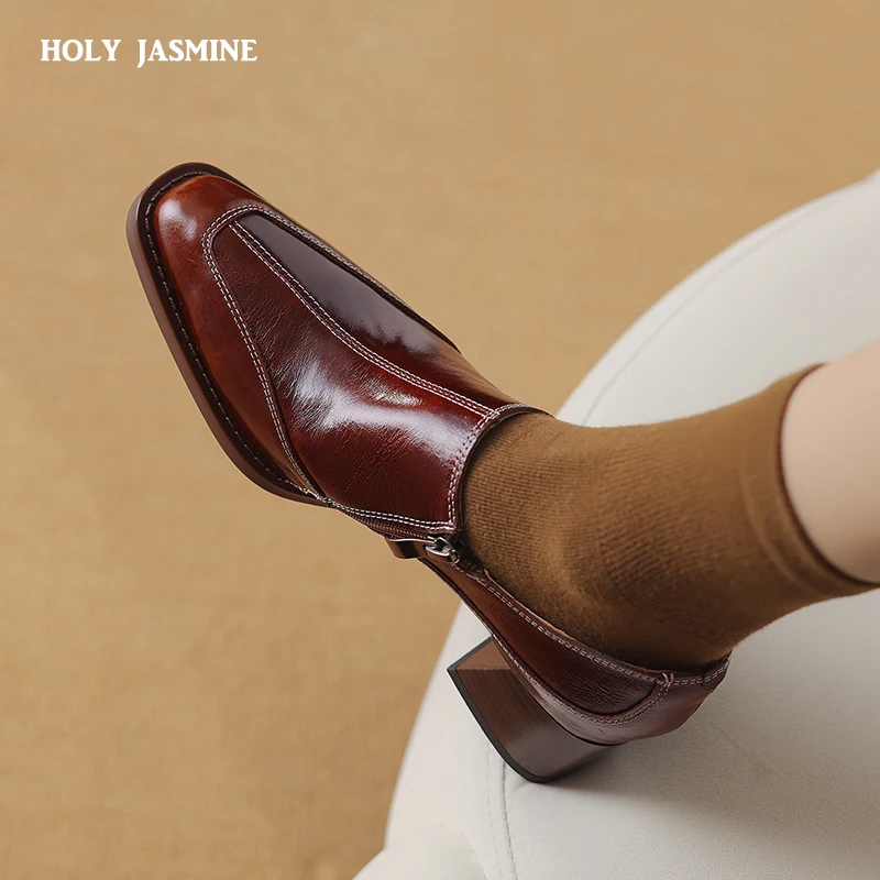2024 Newest Women Pumps Thick Heels Square Toe Shoes Woman Mature Genuine Leather Spring Summer Basic Office Ladies Working