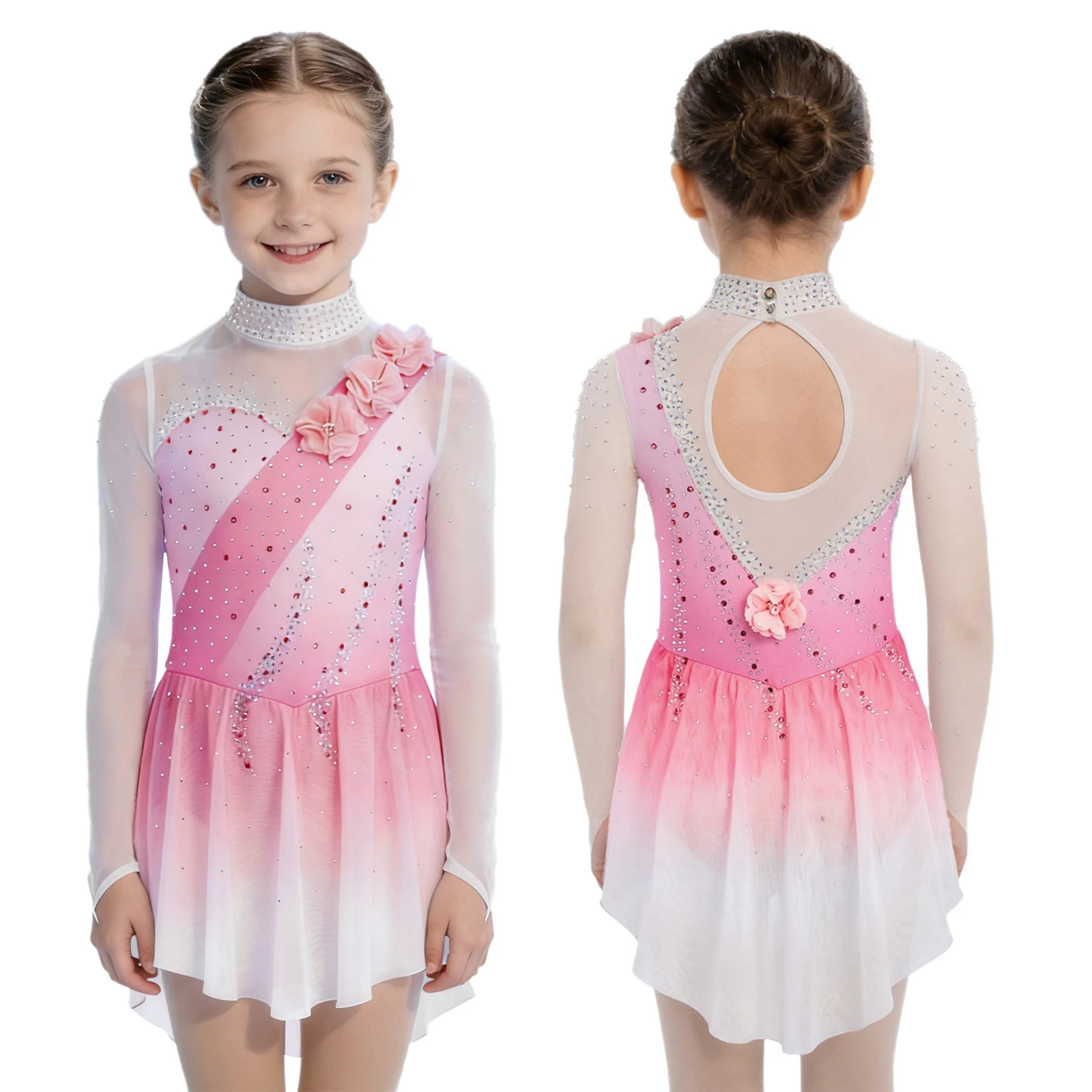 Kids Girls Figure Skating Performance Costume Gymnastics Acrobatics Ballet Dance Dress Sheer Mesh Shiny Rhinestones Leotard Tutu