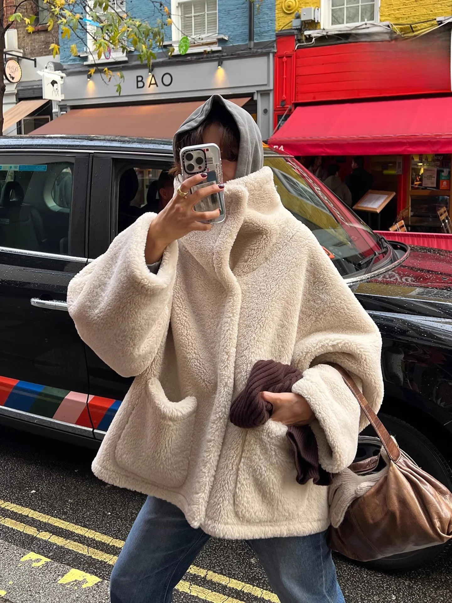 

Lamb Fur Collar Double ket Leather And Fur Inteated Coat Women's Winter New Sle Warm Top High Collar Long Sve Coat