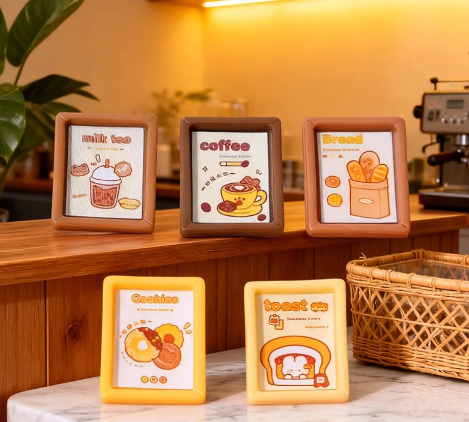 Mini marco de fotos Kawaii de resina para café y pan, accesorios en miniatura para casa de muñecas, simulación para decoración de casa de muñecas para niños