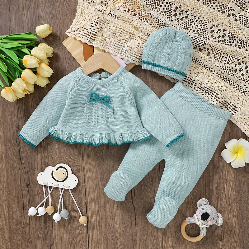 Newborn Baby Girls Clothes Sets Autumn and Winter Blue Full Sleeve Sweaters Pullovers+Trousers Infant Outfits 2pcs Children Wear