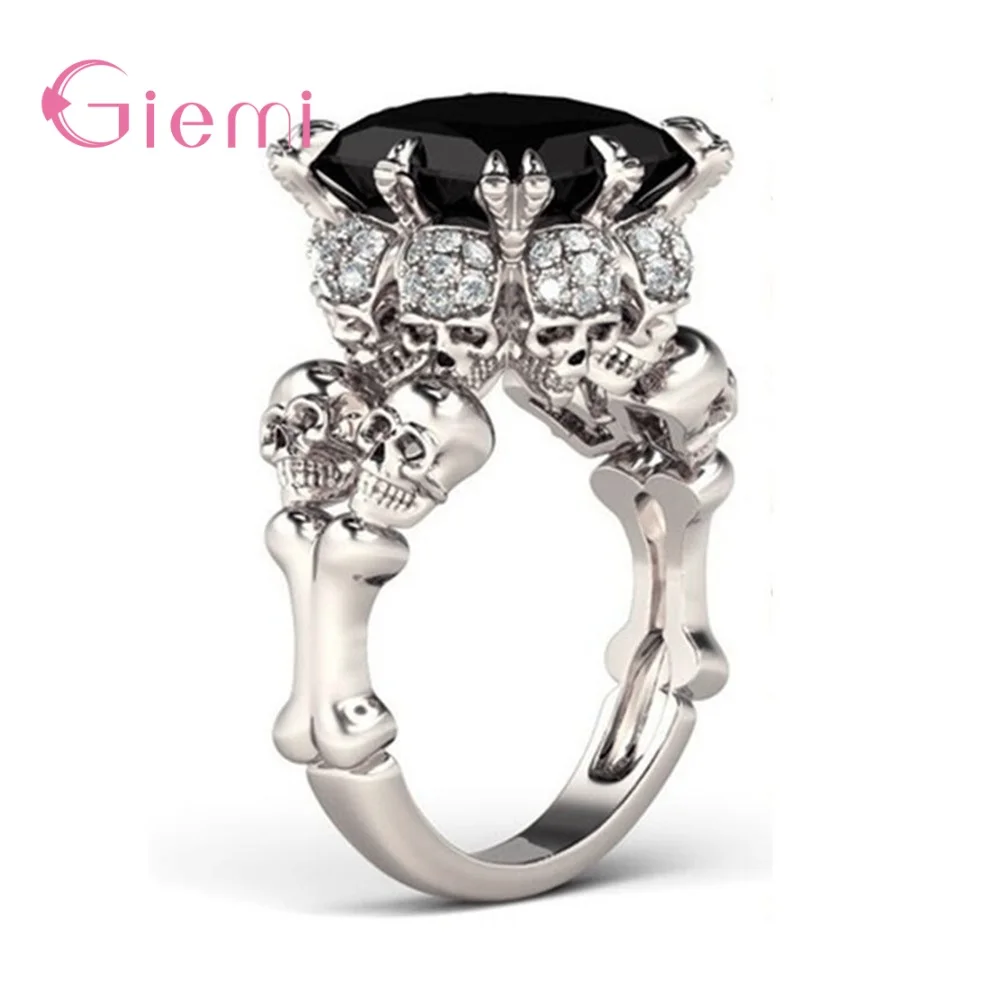 Skull Ring For Women Punk Style 925 Sterling Silver Jewelry Charm Black Square Cubic Zirconia Skeleton Anillos Mujer For Party