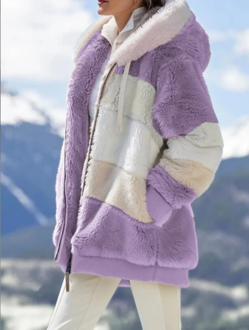 

2023 Autumn and Winter Warm Plush Panel Zipper Pocket Hooded Loose Coat Women Jacket