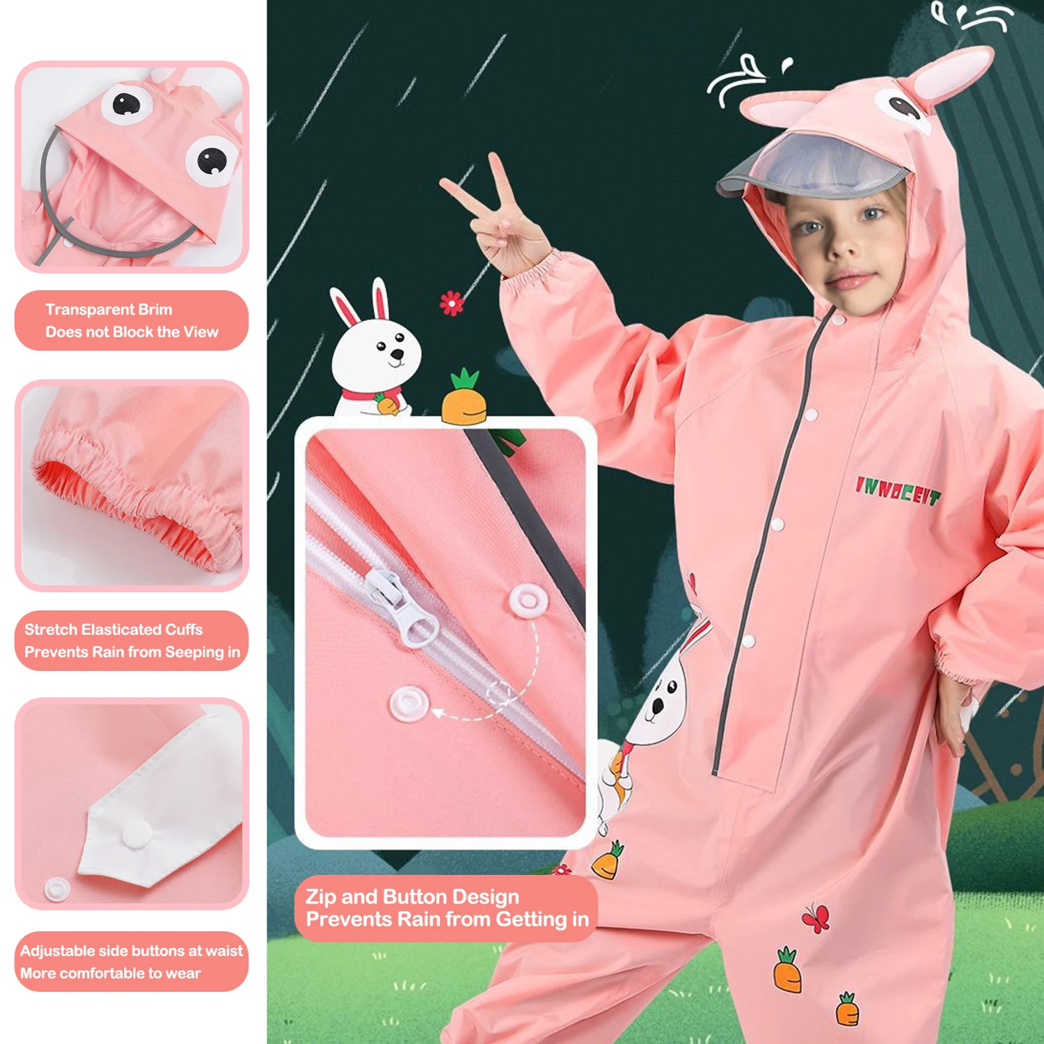 Cute Colorful Rabbit /Dinosaur Raincoat For Kids Boys Girls Waterproof Jumpsuit Hooded One-Piece Cartoon - 3D Illustrated