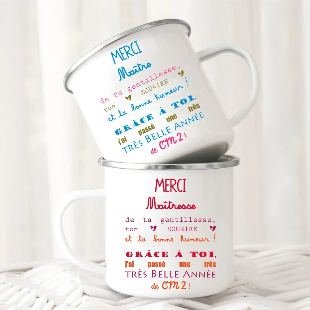 Merci Maitre & Maitresse Printed Enamel Mug Creative Coffee Cups Drink Dessert Milk Cup Mugs Handle Drinkware Gifts for Teacher
