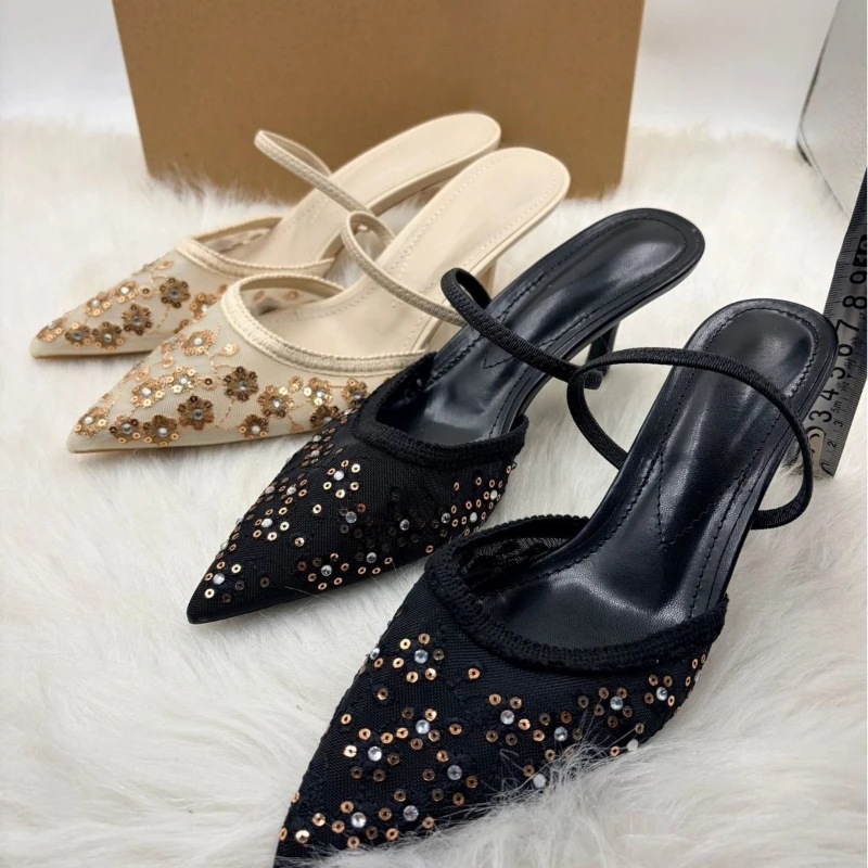 

2026 New Women's Sandals Pointed Toe High Heels Mesh Lace String Flowers Ankle Wrap Black Tripping Strap Thin Heel Pumps