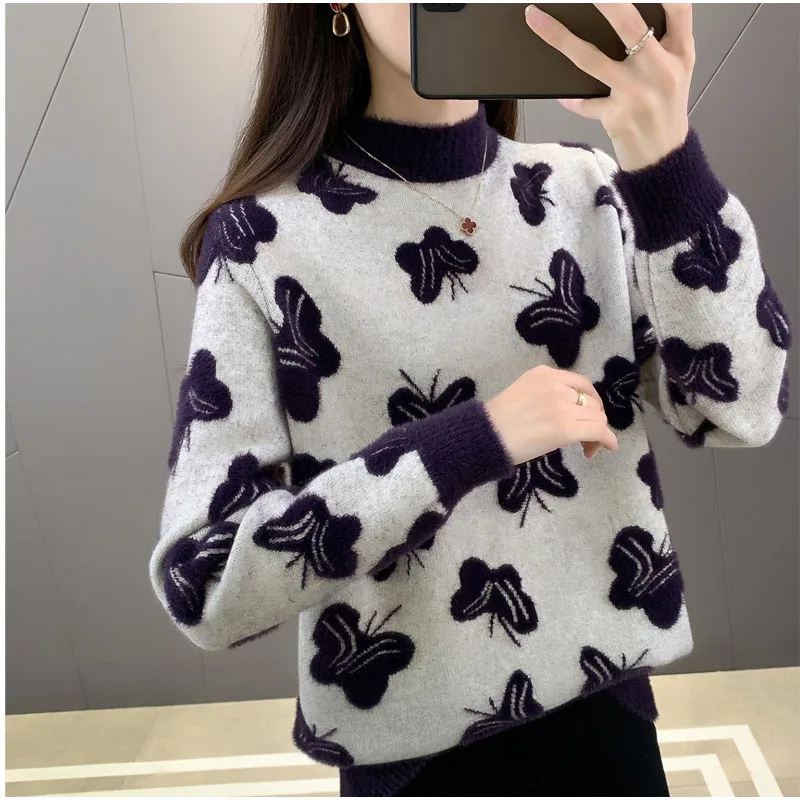 Autumn and Winter Fashion Hong Kong Style Half High Neck Westernized Butterfly Jacquard Imitation Mink Fleece Loose Sweater