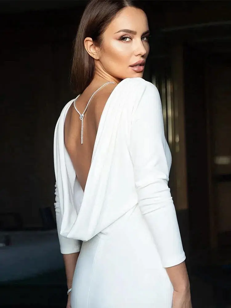 Sexy Backless White Long Dress Women O-neck Full Sleeve Slim Maxi Party Dresses 2025 Spring Summer