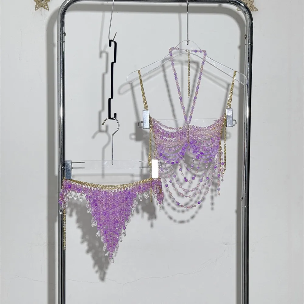 

Women's two pieces set Romantic Date Women Handmade Beaded Body Chain Bra Skirt Set Hot Sexy Halter Tank Top 2 piece sets New