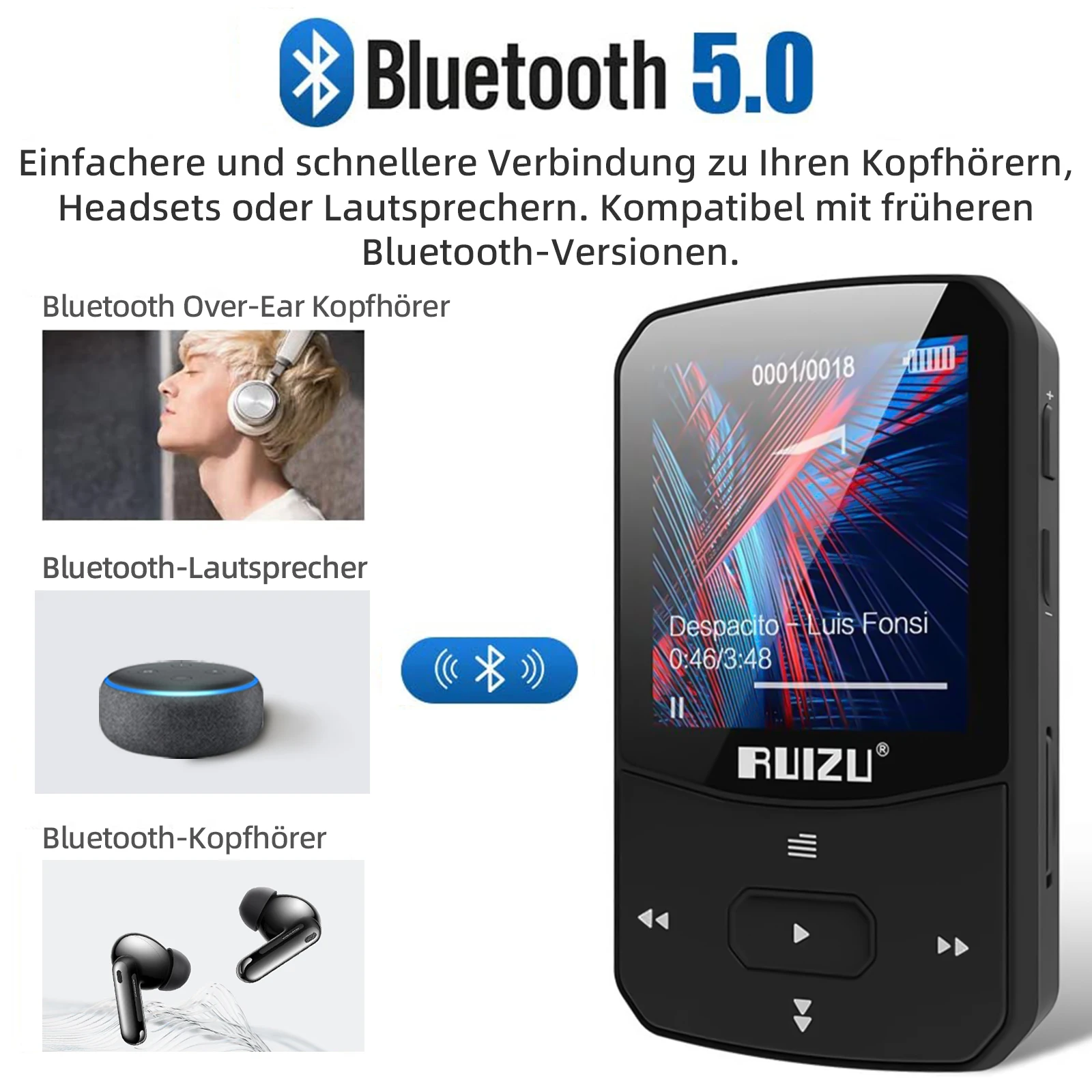 RUIZU X52 กีฬาบลูทูธ MP3 แบบพกพาคลิปมินิเพลง Walkman พร้อมหน้าจอสนับสนุน FM,การบันทึก,นาฬิกา,Pedometer วิทยุ