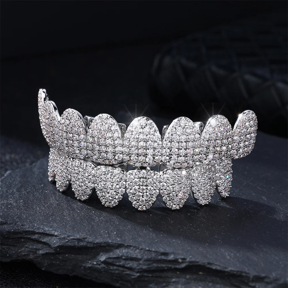 D & z moda grelhadores dentários conjunto para homens mulheres cheio de bling micro zircão cobre parte superior inferior dentes grillz hip pop jóias