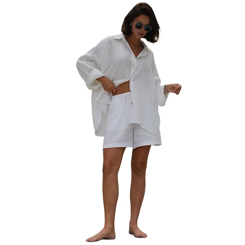 

CYL-женский комплект из 2 предметов, хлопковые пляжные короткие комплекты, рубашка на пуговицах с короткими рукавами, шорты, курортная одежда, 2025 г.