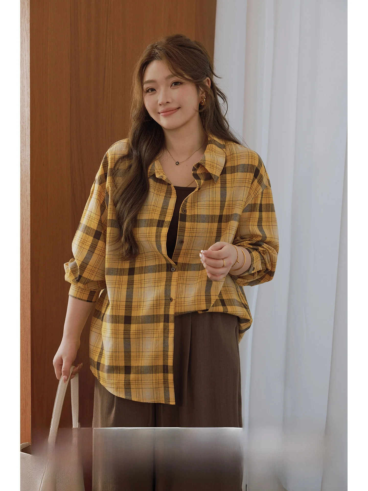 

Slimming Plaid irt Casual Sle Long Sve Cotton Spring Summer Autumn Winter Miss ng Big Size Women's Faion Top