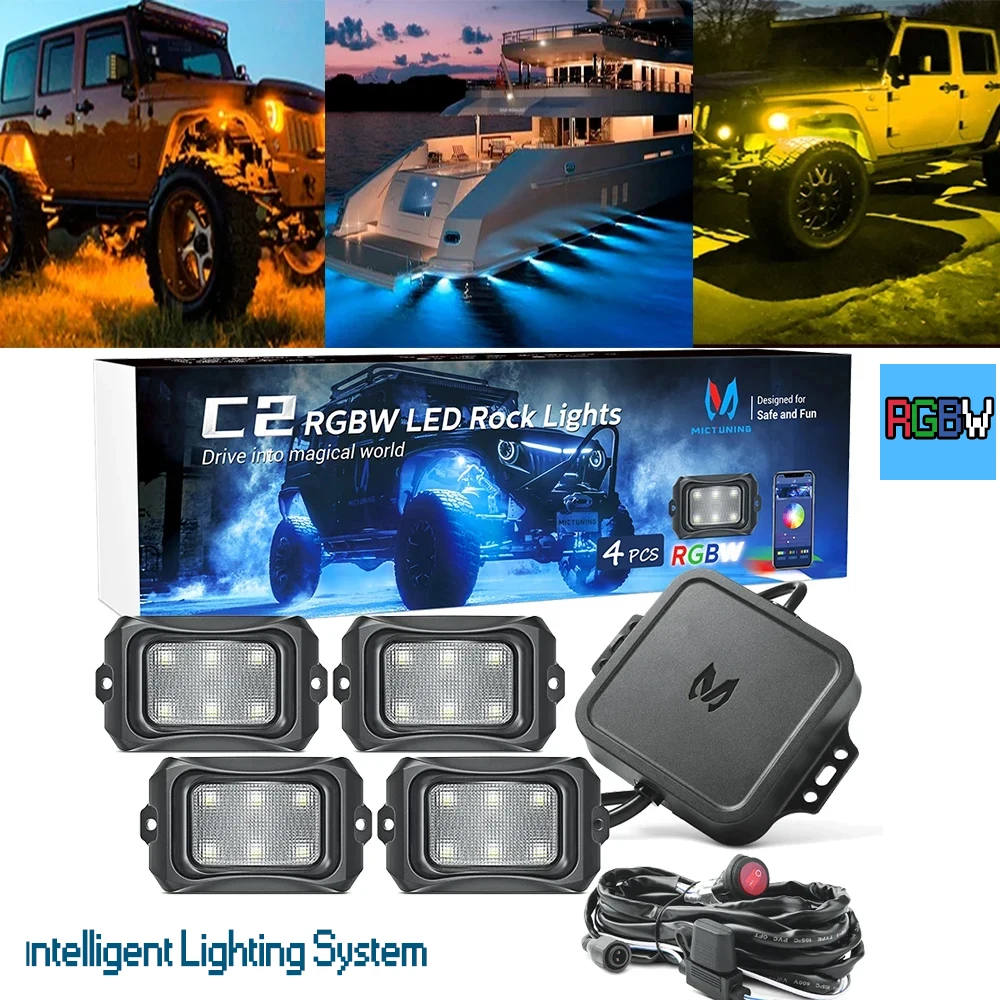 

MICTUNING New Waterproof 4Pods C2 RGBW LED Rock Lights Underbody Lamps with Wirless Control&Music Mode Pure Color Ambient Lights