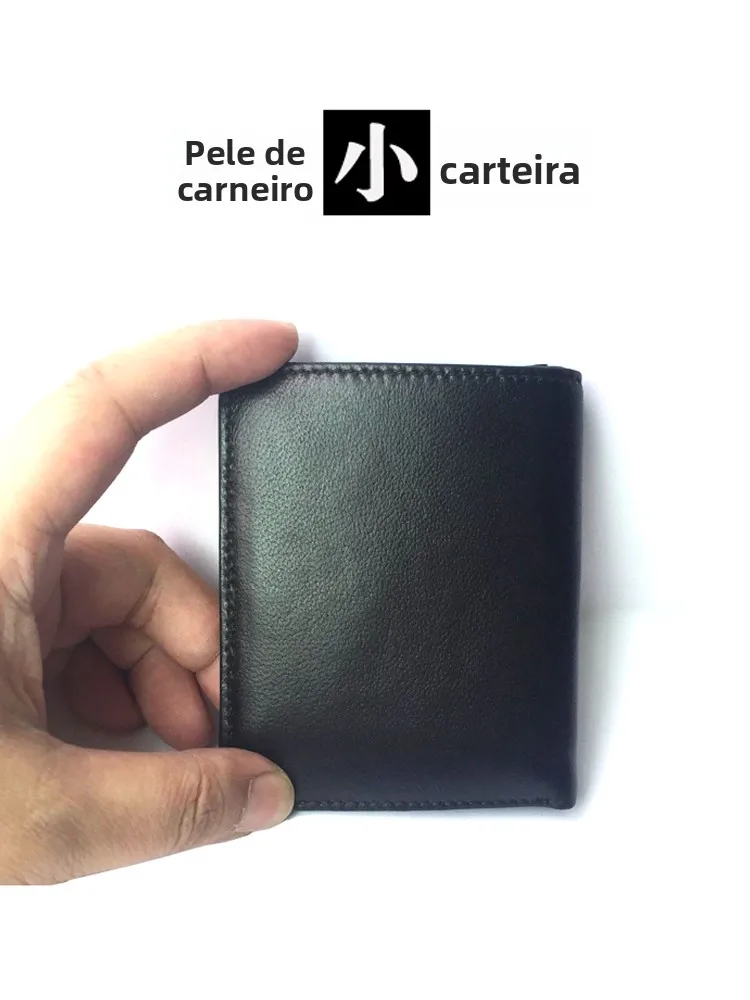 Carteira Curta Ultrafina de Couro Genuíno Masculina, Porta-Cartões de Couro de Carneiro Macio com Clipe Prateado, Carteira Fe...
