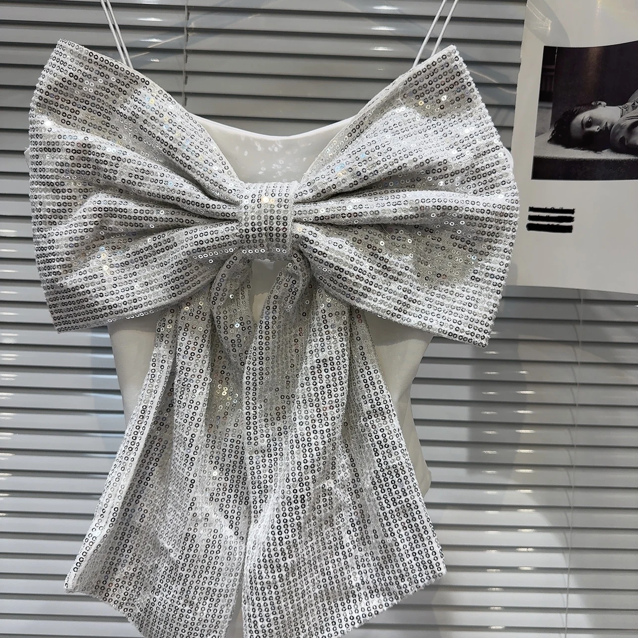 Chic Hot Girl Sequined Big Bow Tanks Sling Top Ladies 2024 Summer New Sweet Sexy Silver One-Piece Underpants Vest Tops for Women