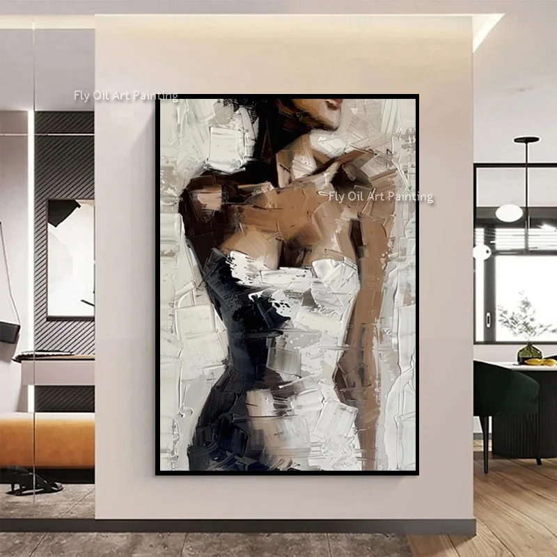 Handmade Black And White Women Portrait Oil Painting On Canvas New Elengance Brown White Sexy Girls Wall Art Decor For Bedroom