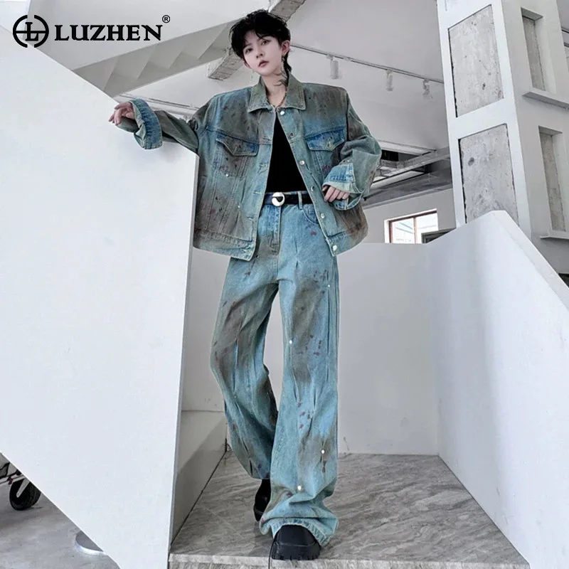 LUZHEN Trendy Pleated Rivet Spray Painted Denim Jacket High Street Wornout Design Wide Leg Jeans American Original Male LZ6680