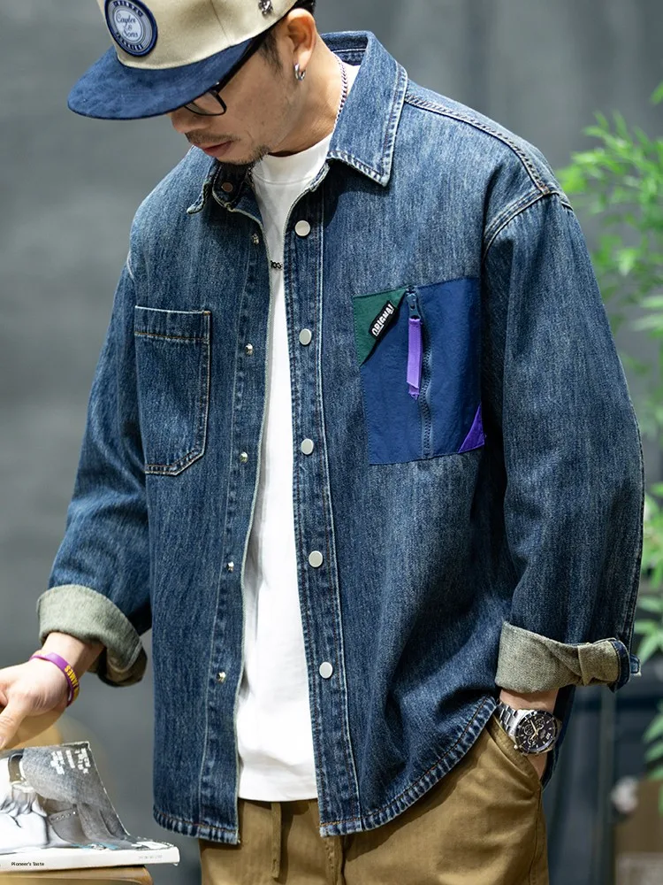 

Loose Fit Men's Denim Shirt Spring Trendy Workwear Jacket Large Size Youthful American Style Long Sleeve Zipper Closure Cotto...