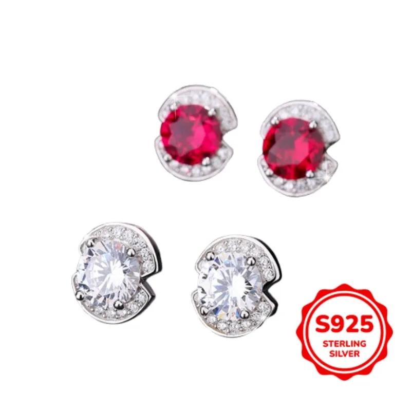 

Fashionable Classic Authentic S925 Silver-red Round Zircon Women's Stud Earrings Elegant and Versatile