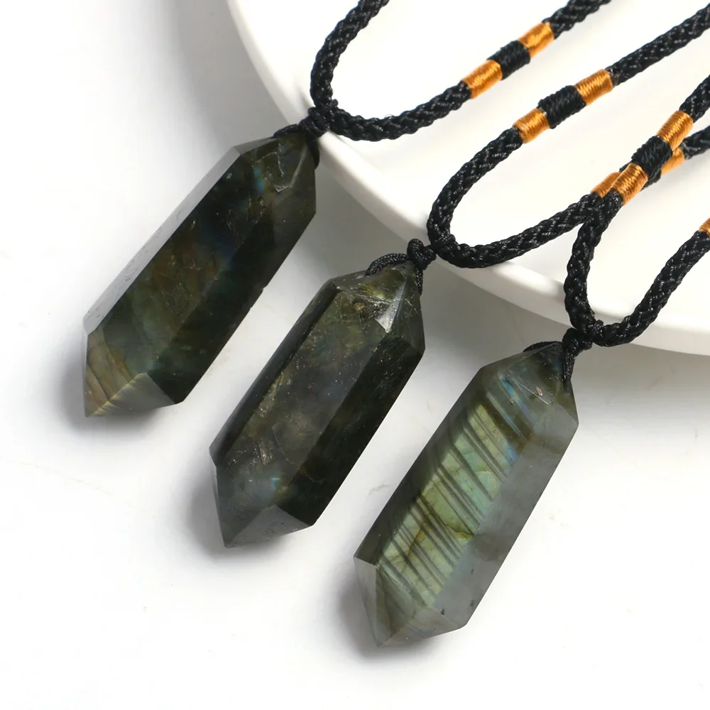 Natural Labradorite Pendant Men Women Necklace Double Stick Hexagon Point Energy Blue Crystals Quartz Moonstone Jewelry Ornament