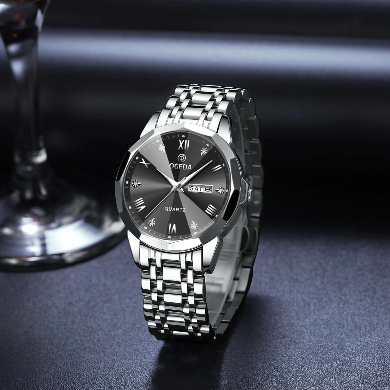 OGADE 2026 Luxury Men's Casual Watch Waterproof Luminous Diamond-Cut Dial with Date Display - Stainless Steel Quartz Men's Watch