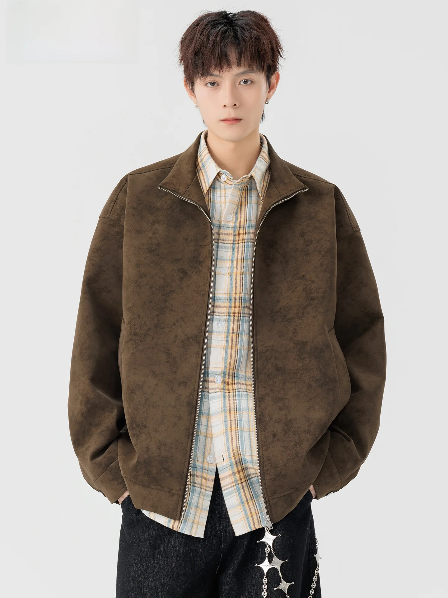 

American Retro PU Leather Jaet Stand Collar Loose Men's Autumn Winter New Sle Vintage Outerwear Top for Teenagers