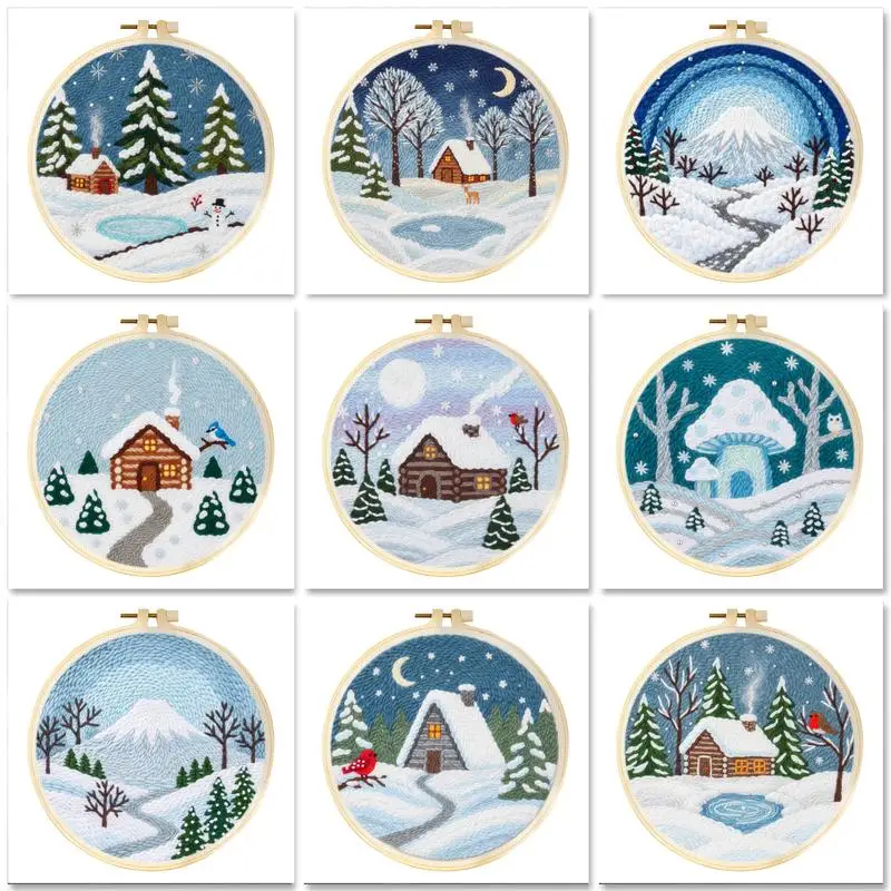 GATYZTORY Winter Scenery Diy Punch Needle Embroidery Starter Kits For Beginner Snow House DIY Embroidery Set Yarn Painting Arts