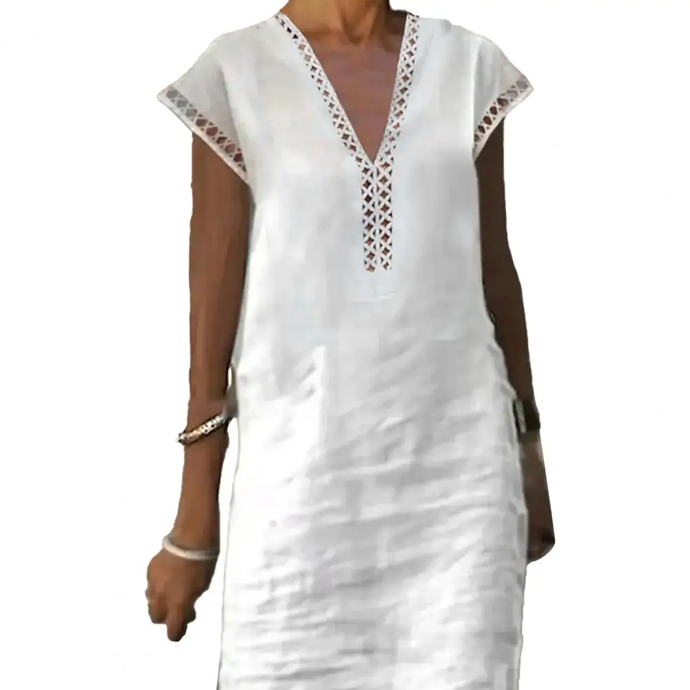 

2024 New Summer Women Cotton Linen Dress Fashion Solid Out V Neck Mini Dresses Female Casual Short Sleeve Dresses Vestido