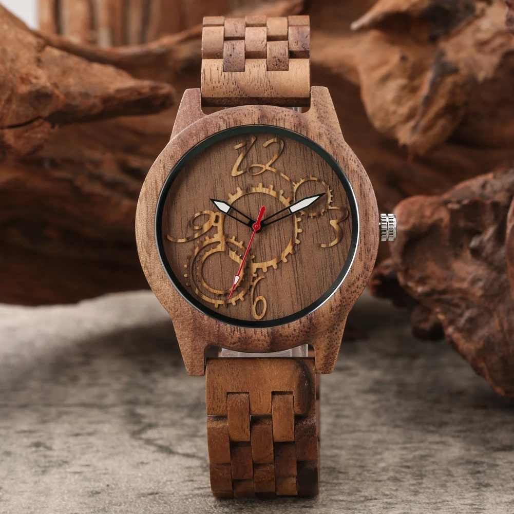 Luxury Vintage Wooden Men Watch Gearwheel Arabic Numerals Wooden Layer Design Dial Folding Clasp Watchband Stylish Male Watches