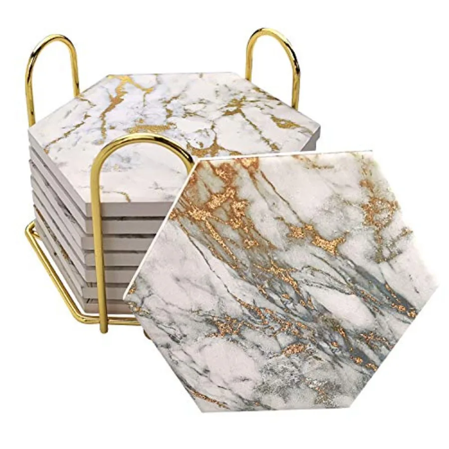 

Coasters Set of 8 with Metal Holder Stand, Marble Design Ceramic Coaster Set, Cork Base, Gold Home Decor for Tabletop Protectio