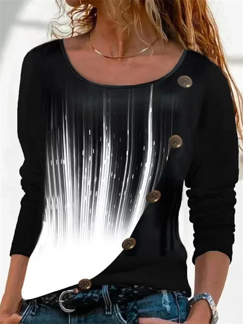 

2022 Summer Fashion Mixed Color Buttons T-Shirt Women's Printed O Neck Casual Long Sleeve Tops Pullover Loose All-match Clothe