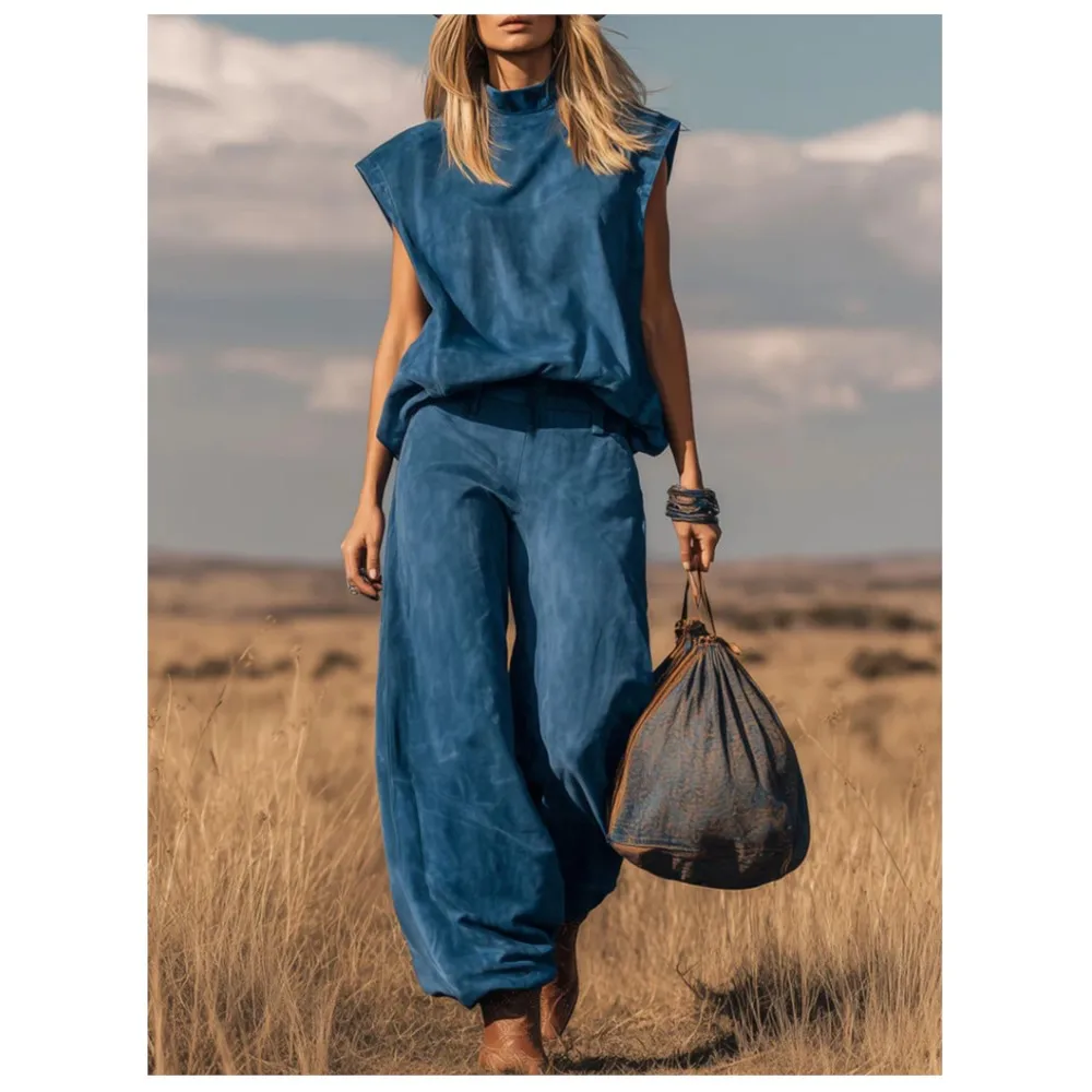 

Женский комплект из двух предметов: топ без рукавов с воротником-стойкой и широкие брюки. Повседневный свободный крой. Новинка лета 2026. Комплект для отпуска.