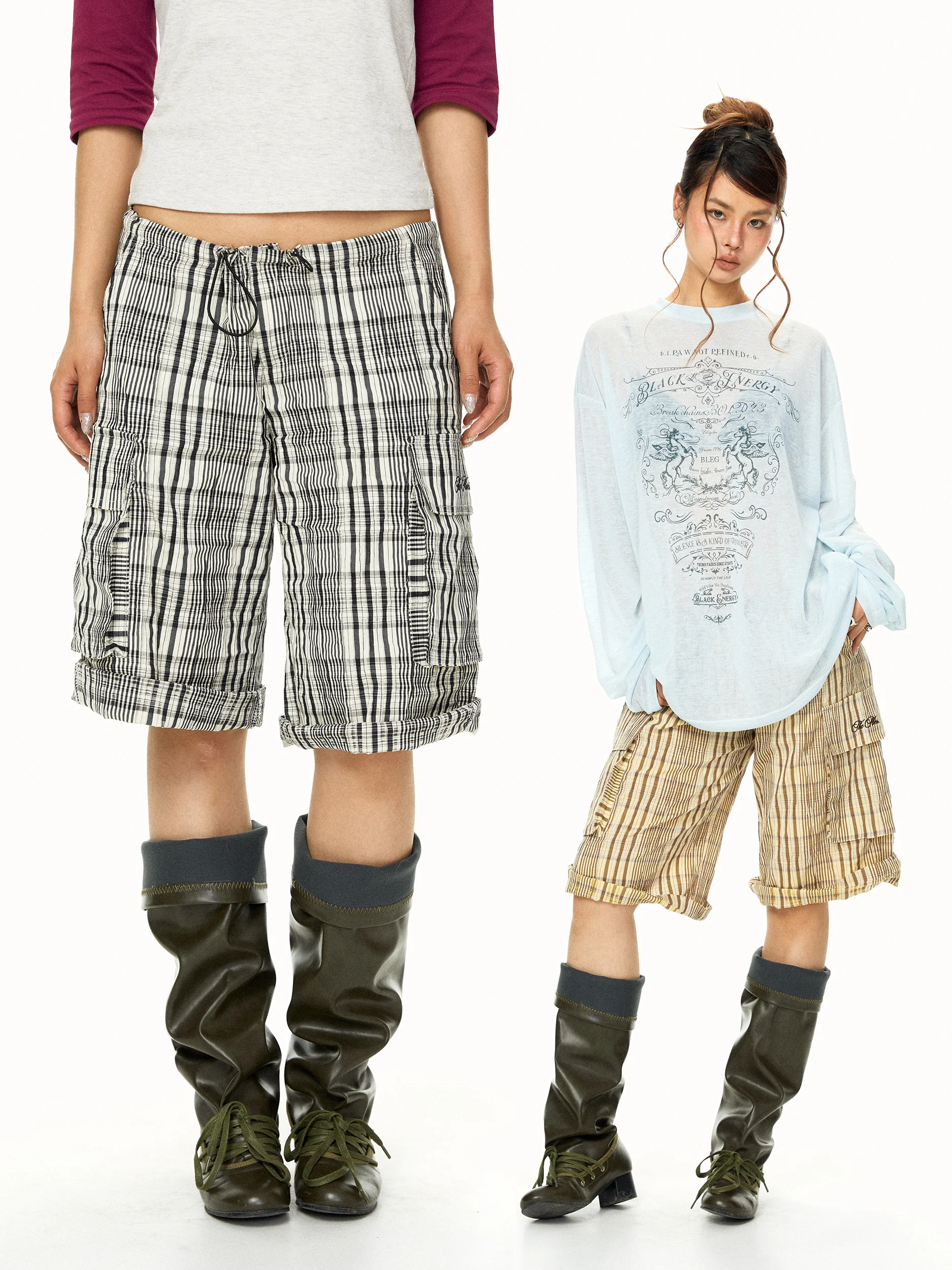 

Retro Workwear Drawstring Casual Pants Women Summer Loose Slim Checkered Multi-Pocket Straight Leg Short Pants