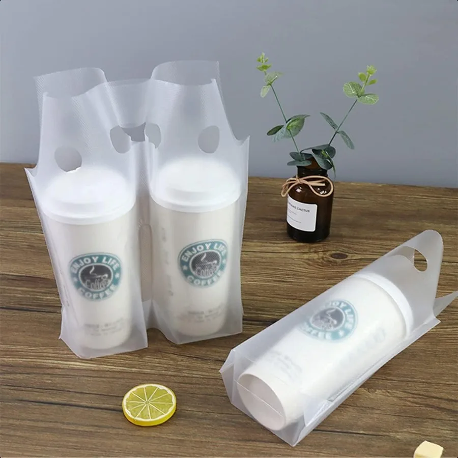 음료 배달용 컵 홀더 100개, 손잡이가 있는 투명 비닐봉투, 음료컵, 커피컵, 차, 주스 배달, 테이크아웃에 적합