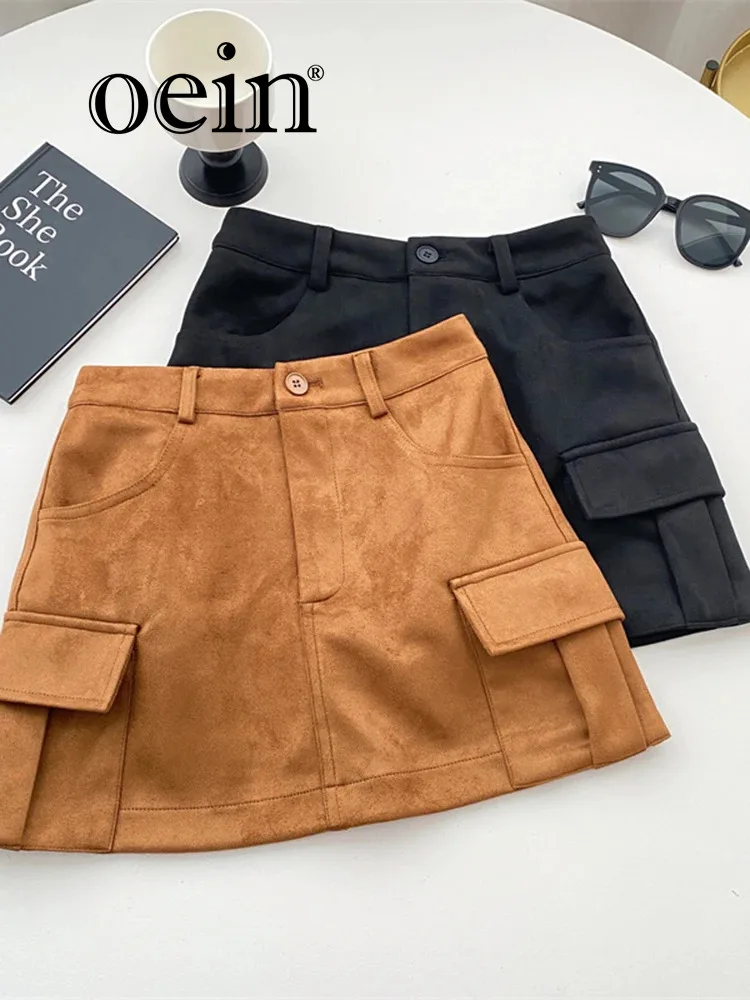 

[oein] AW Autumn High Waisted Versatile Pocket Workwear Half Body Leather Fleece Skirt Pants