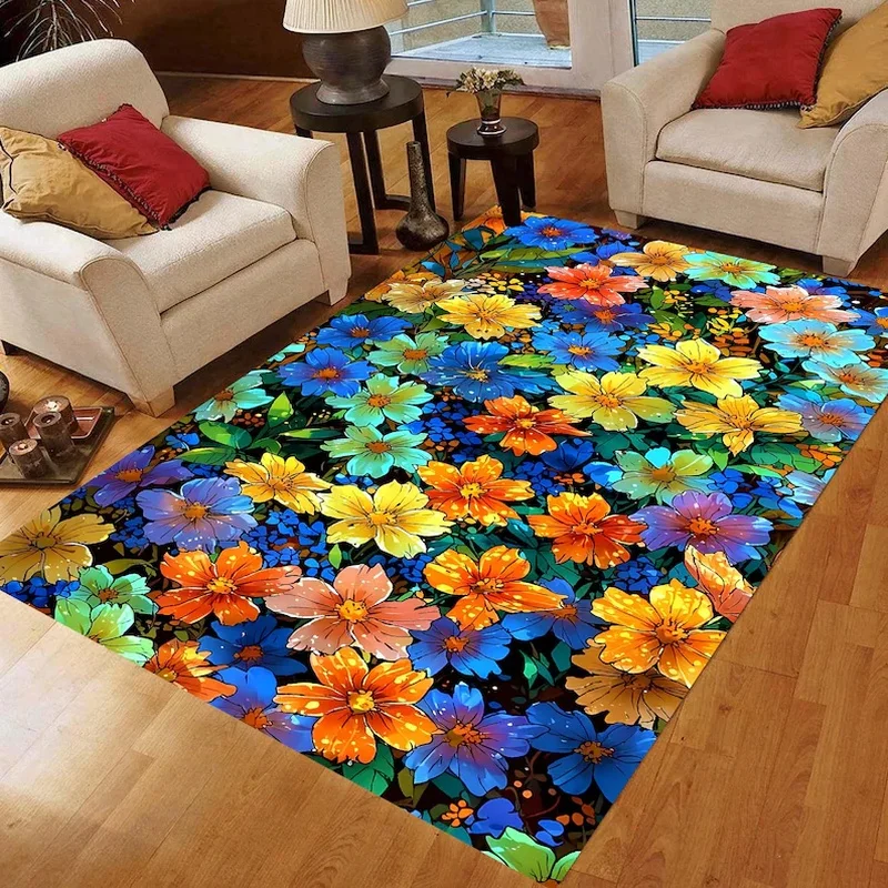 VIKAMA Colorful Wildflower Floral Rug, Vibrant Flower Print, Non-Slip Washable for Living Room Bedroom Home Decor