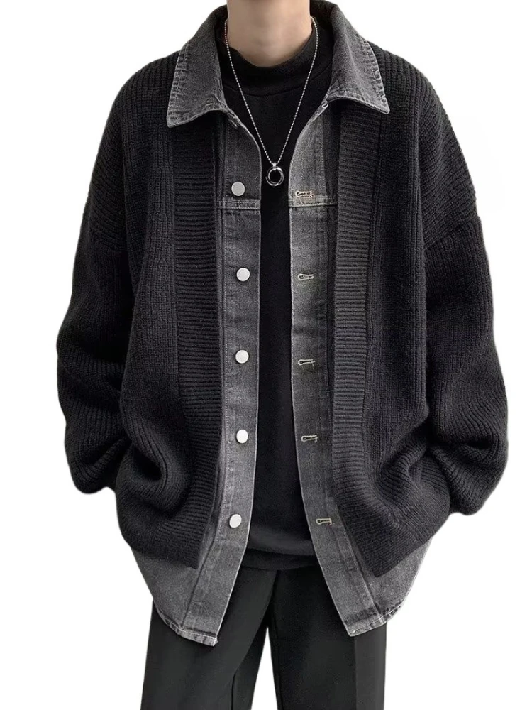 

2PCS Loook Denim Paneled Knit Cardigan Men Autumn Winter Oversized Slouchy Streetwear Jacket Knit-Denim Contrast Collar Sweater