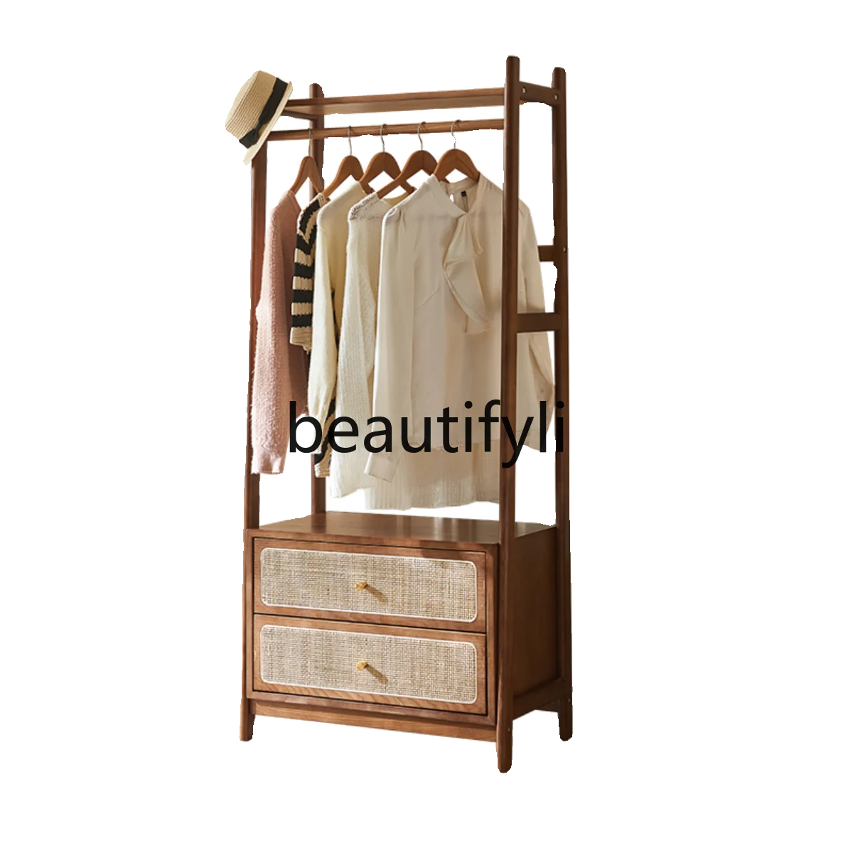 Rattan solid wood coat rack to dry clothes storage floor bedroom ash wood with cabinet