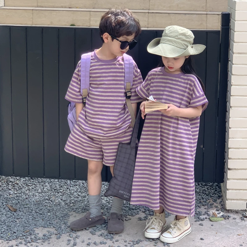 

Mother and Daughter Matching Clothes Mummy and Son Kids Sets Cotton Purple Striped Print Mom Women and Baby Girls Dresses 2024