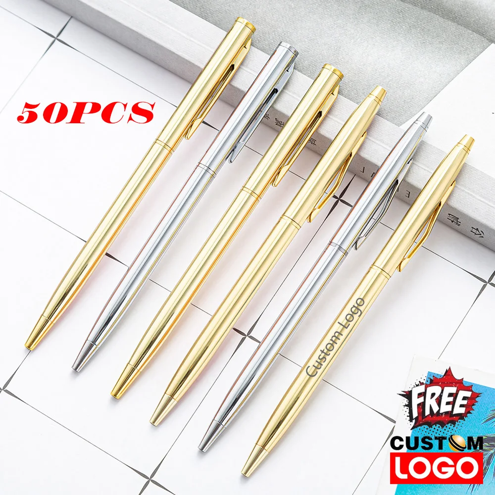 

50pcs/lot New Slim Metal Ballpoint Pen Advertising Lettering School Office Supplies Gifts Personalized Custom Logo Engraved Name