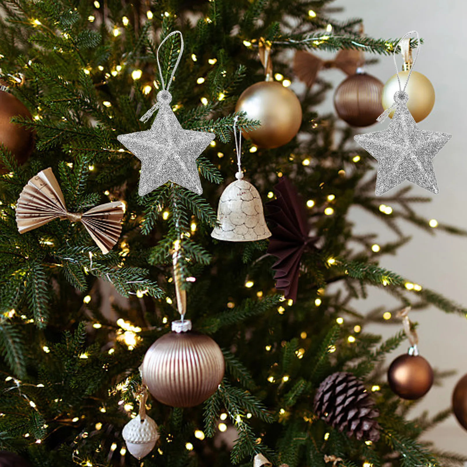 

24pcs Five-pointed Star Christmas Tree Decorations Silver 5cm PVC Xmas Party Ornaments Hanging Adorns Home Decor
