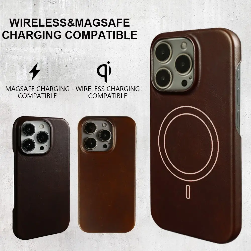 Magnetic Genuine Leather Case For iphone 16 Pro Max 15Pro 14 13 11 12Pro Wireless Charge Magnet Magsafe Cover Shockproof Coque