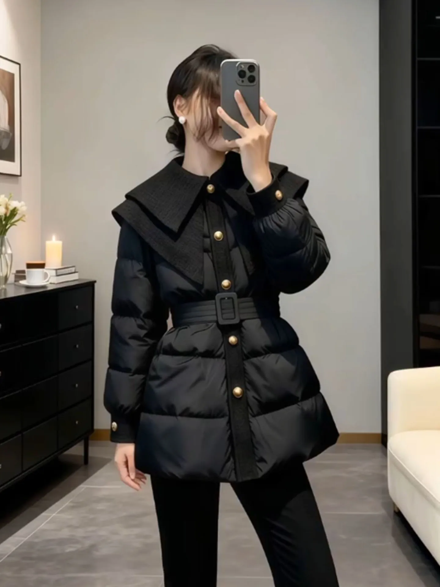 

Bla awl Collar Waist-Cinching Women's down Jaet Luxury Sle Long Sve High Waist Warmth Daily Use Winter Coat
