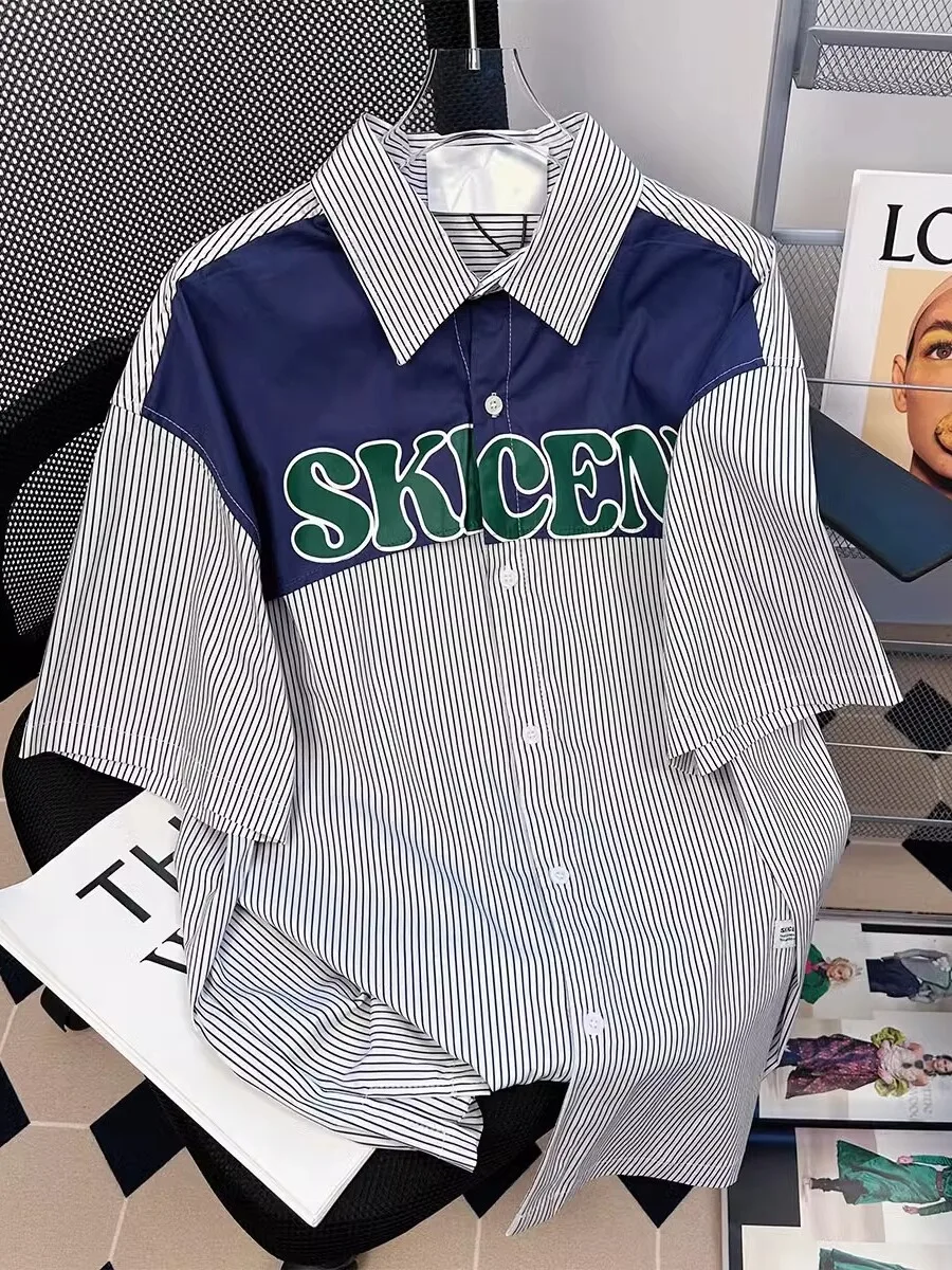 트렌디한 미국식 배색 스트라이프 또는 루즈핏 캐주얼 얇은 빈티지 남성 여름 상의 패셔너블 칼라