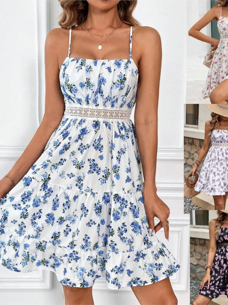 Novedad de verano para mujer, Falda corta con estampado Floral a la moda con bordes de encaje ajustables, vestido corto con tirantes en la cintura